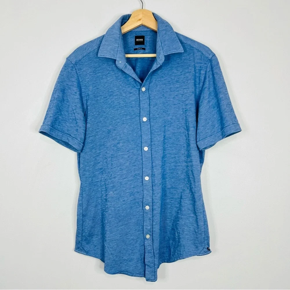 Hugo Boss Blue Linen Blend SS Button Up Shirt M - Picture 3 of 7